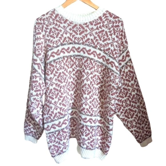 Vintage Sweaters - VINTAGE Cream & Pink Nordik Chunky Knit Crewneck Sweater Size Medium